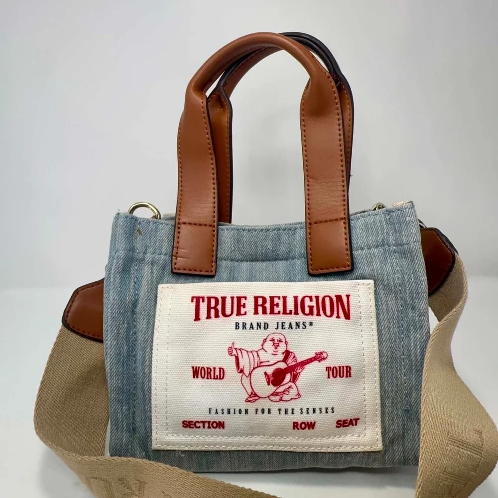 True Religion World Tour Mini Tote Crossbody Bag‎ Denim Buddha Logo Patch Y2K
